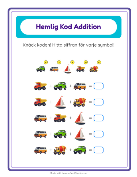 Räknekod med fordon – arbetsblad för årskurs 1 — 2