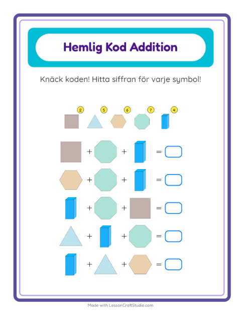 Räknekod med former – arbetsblad för årskurs 1 — 2