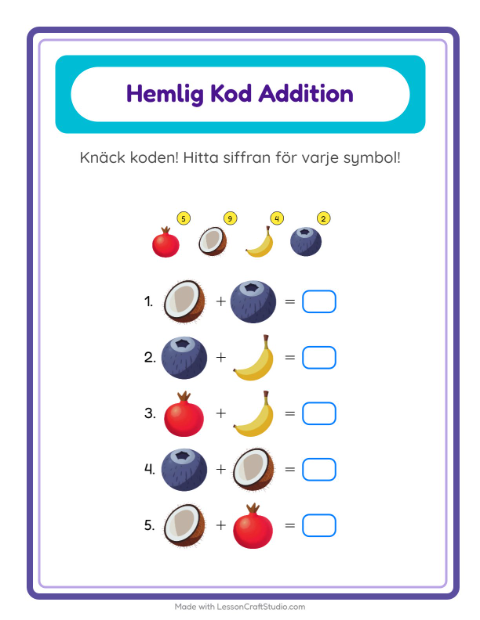 Förhandsvisning av Kodaddition-arbetsblad med Frukter för Förskoleklass