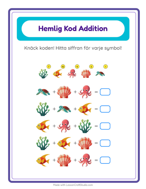 Räknekod med havsdjur – arbetsblad för årskurs 1 — 2