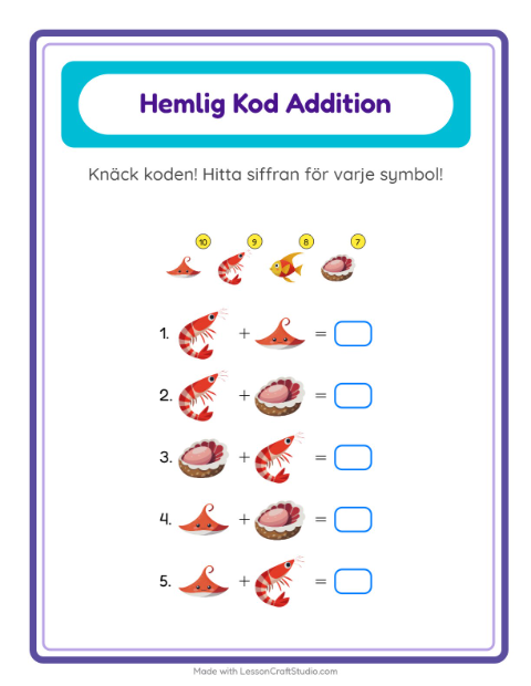 Förhandsvisning av Kodaddition-arbetsblad med Havsliv för Förskoleklass
