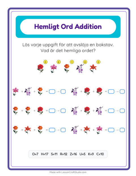 Förhandsvisning av Räknekod med hemligt ord och blommor – arbetsblad för årskurs 1