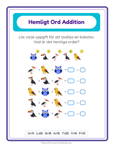 Räknekod hemligt ord – Fåglar