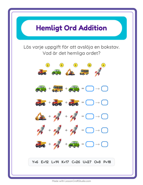 Förhandsvisning av Räknekod med hemligt ord och fordon – arbetsblad för årskurs 1