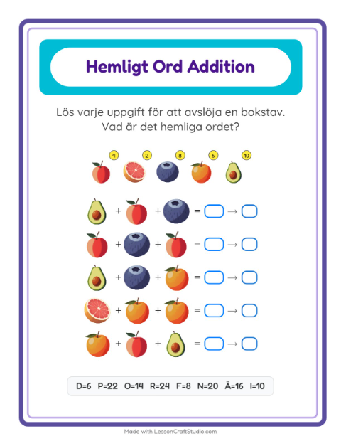Förhandsvisning av Räknekod med hemligt ord och frukter – arbetsblad för årskurs 1
