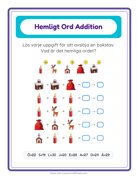 Räknekod med hemligt ord och presenter – arbetsblad för årskurs 1 — 2