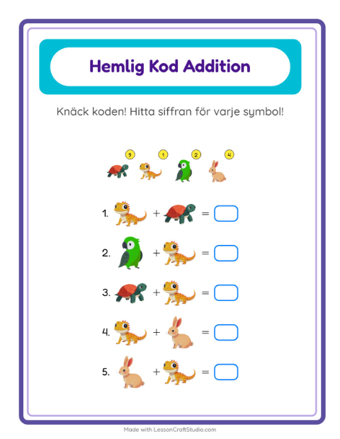 Förhandsvisning av Kodaddition-arbetsblad med Husdjur för Förskoleklass