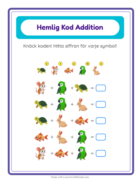 Räknekod med djur – arbetsblad för årskurs 1 — 2