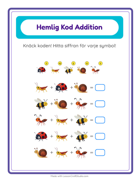 Räknekod med insekter – arbetsblad för årskurs 1 — 2