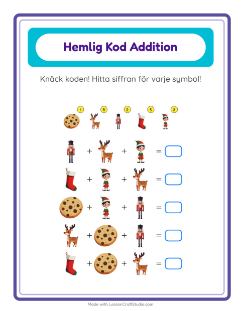 Förhandsvisning av Kodaddition-arbetsblad med Jul för Förskoleklass