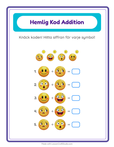 Förhandsvisning av Räknekod med känslor – arbetsblad för årskurs 1