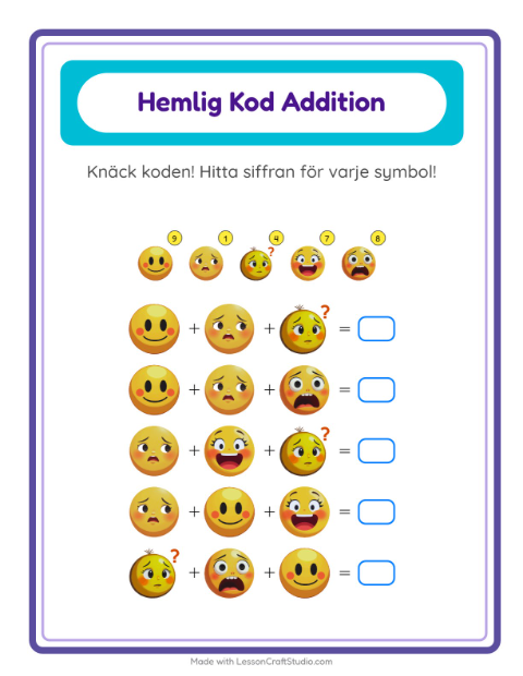 Förhandsvisning av Kodaddition-arbetsblad med Känslor för Förskoleklass