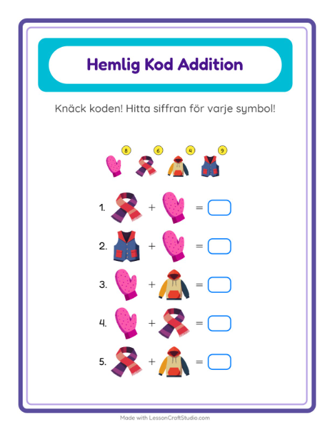 Förhandsvisning av Kodaddition-arbetsblad med Kläder för Förskoleklass