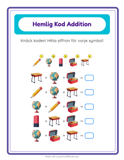 Räknekod med pennor – arbetsblad för årskurs 1 — 2