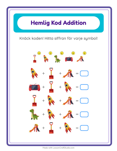 Räknekod med leksaker – arbetsblad för årskurs 1 — 2