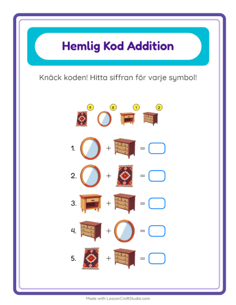 Förhandsvisning av Kodaddition-arbetsblad med Möbler för Förskoleklass