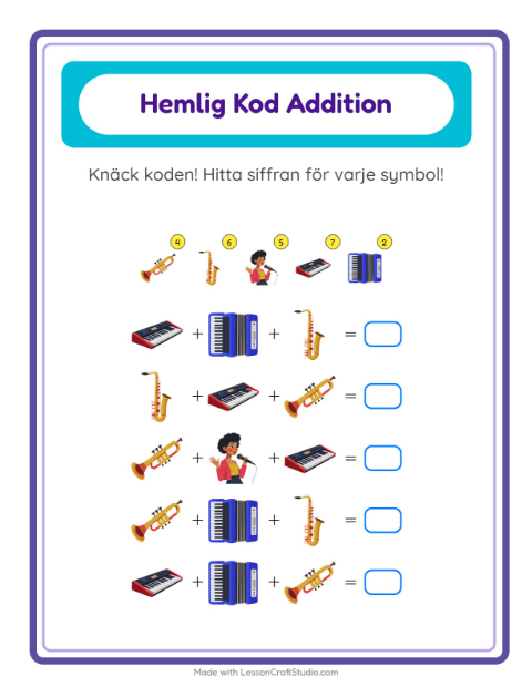 Räknekod med instrument – arbetsblad för årskurs 1 — 2