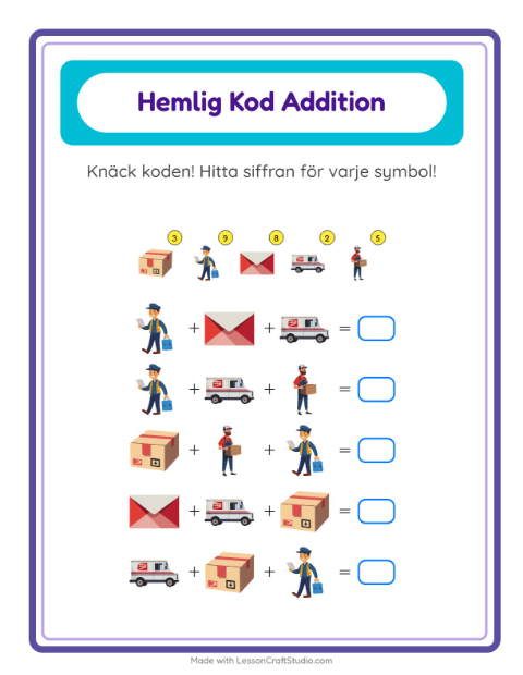 Räknekod med brev – arbetsblad för årskurs 1 — 2