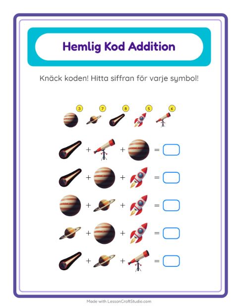 Räknekod med stjärnor – arbetsblad för årskurs 1 — 2