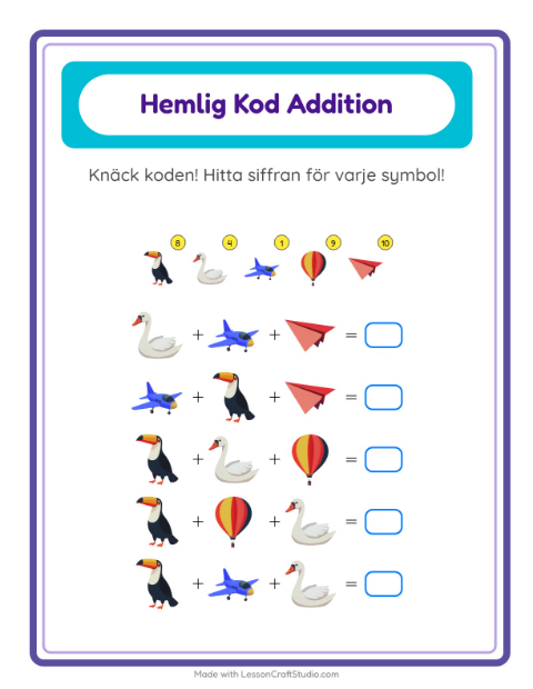 Förhandsvisning av Kodaddition-arbetsblad med Saker som flyger för Förskoleklass