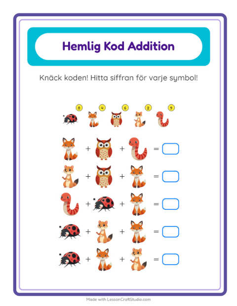 Räknekod med djur – arbetsblad för årskurs 1 — 2