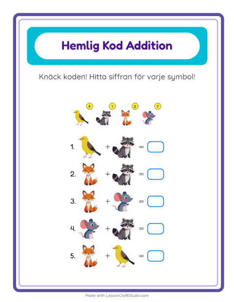 Förhandsvisning av Kodaddition-arbetsblad med Skogsdjur för Förskoleklass
