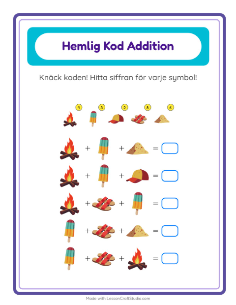 Förhandsvisning av Kodaddition-arbetsblad med Sommar för Förskoleklass