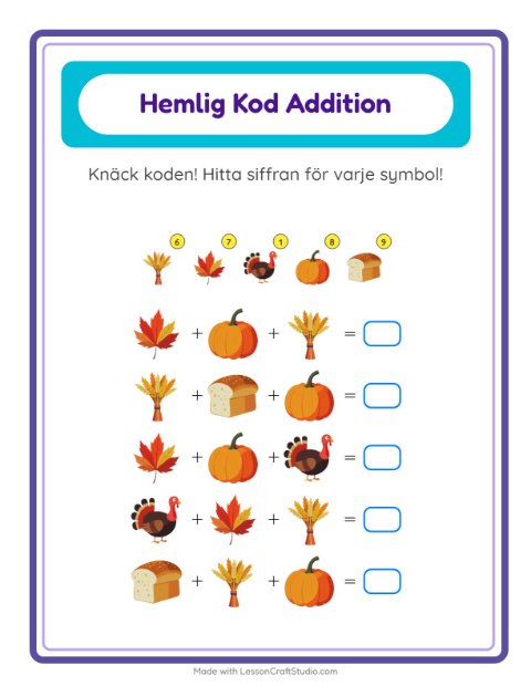 Förhandsvisning av Kodaddition-arbetsblad med Thanksgiving för Förskoleklass