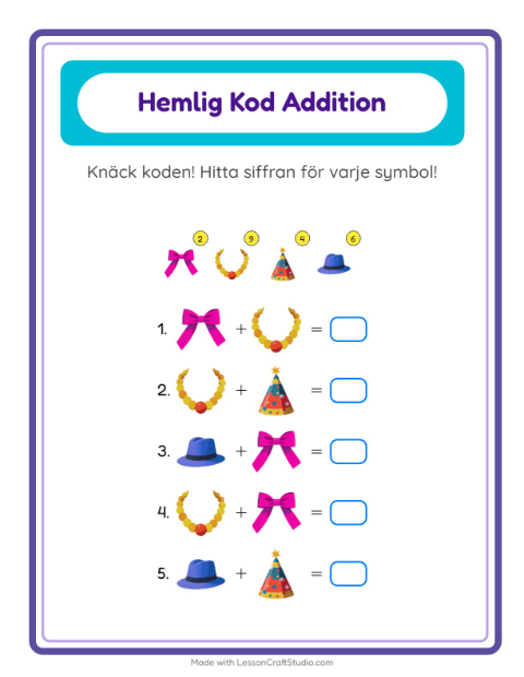 Förhandsvisning av Räknekod med accessoarer – arbetsblad för årskurs 1