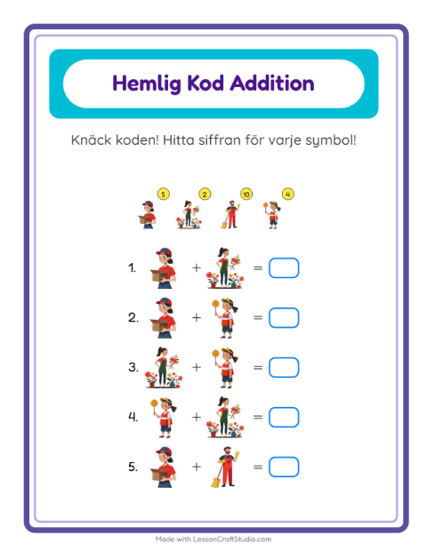 Förhandsvisning av Räknekod med yrken – arbetsblad för årskurs 1