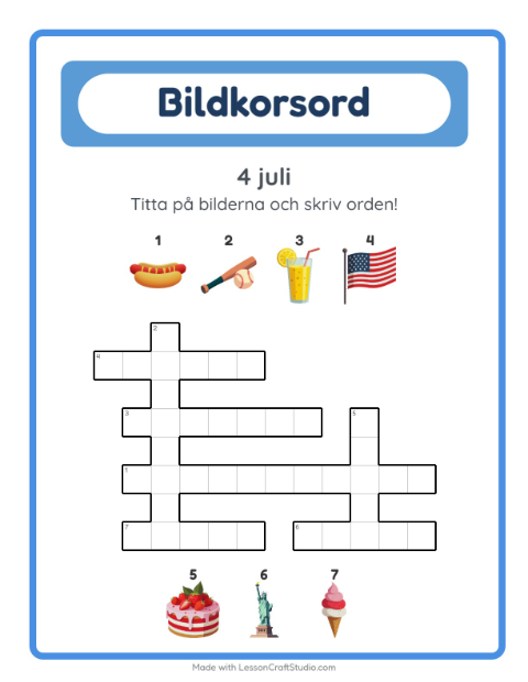 Förhandsvisning av Korsord-arbetsblad med 4 juli för Årskurs 2