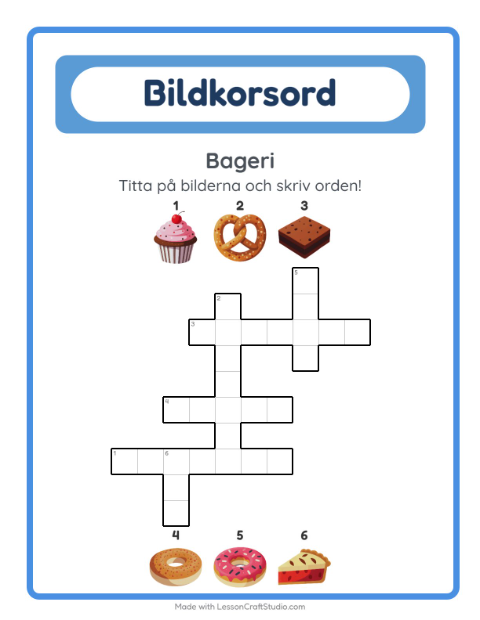 Förhandsvisning av Korsord-arbetsblad med Bageri för Årskurs 2
