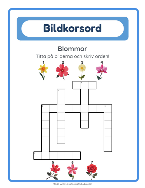 Förhandsvisning av Korsord-arbetsblad med Blommor för Årskurs 2
