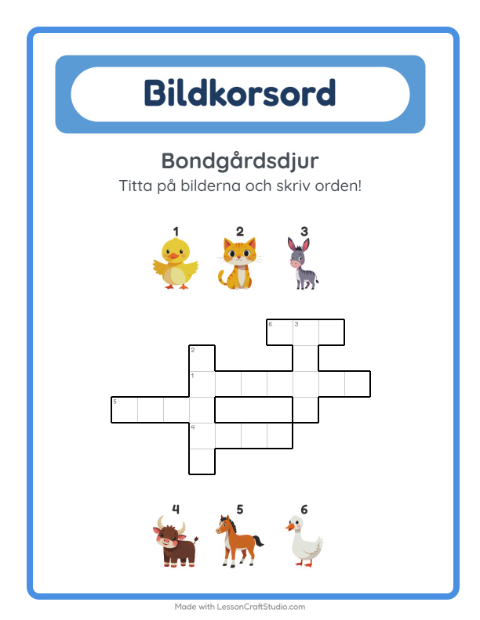 Förhandsvisning av Korsord-arbetsblad med Bondgårdsdjur för Årskurs 2