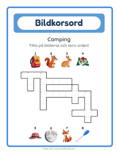 Förhandsvisning av Korsord-arbetsblad med Camping för Årskurs 2