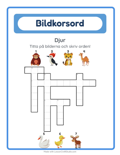 Förhandsvisning av Korsord-arbetsblad med Djur för Årskurs 2