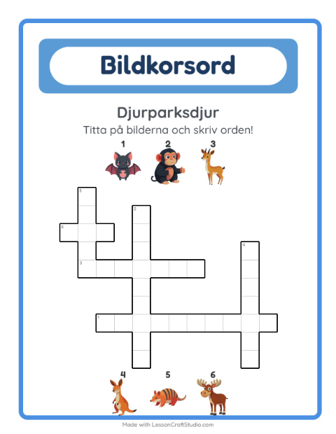 Förhandsvisning av Korsord-arbetsblad med Djurparksdjur för Årskurs 2