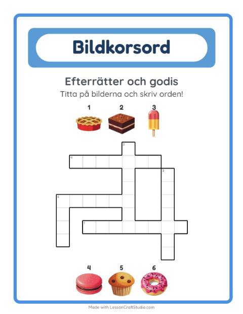 Förhandsvisning av Korsord-arbetsblad med Efterrätter och godis för Årskurs 2