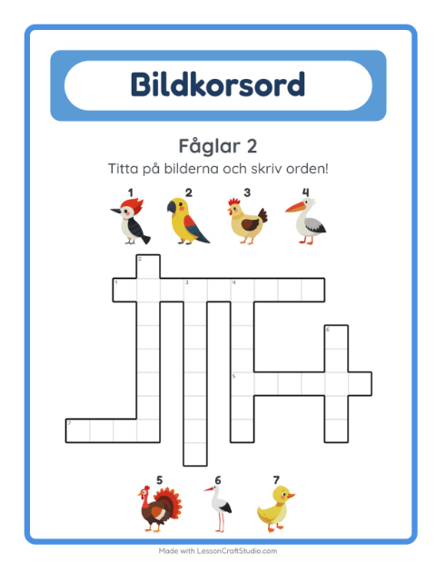 Förhandsvisning av Korsord-arbetsblad med Fåglar 2 för Årskurs 2