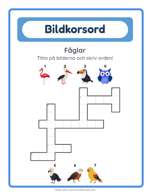 Förhandsvisning av Korsord-arbetsblad med Fåglar för Årskurs 2