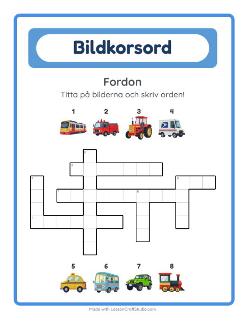 Förhandsvisning av Korsord-arbetsblad med Fordon för Årskurs 2