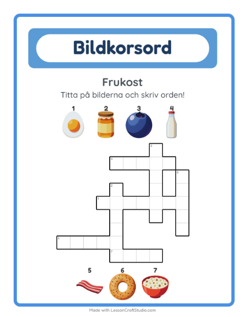 Förhandsvisning av Korsord-arbetsblad med Frukost för Årskurs 2