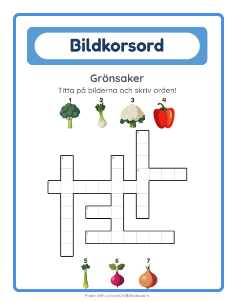 Förhandsvisning av Korsord-arbetsblad med Grönsaker för Årskurs 2