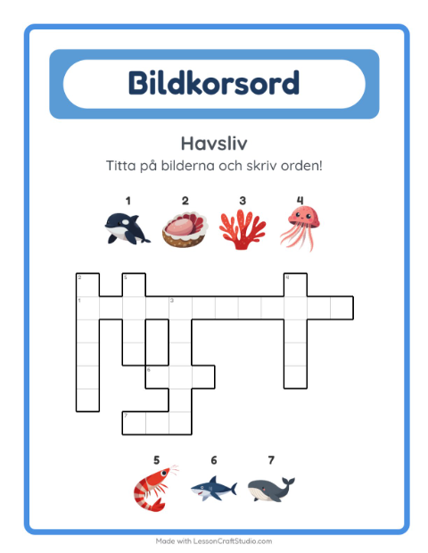 Förhandsvisning av Korsord-arbetsblad med Havsliv för Årskurs 2