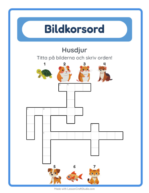 Förhandsvisning av Korsord-arbetsblad med Husdjur för Årskurs 2
