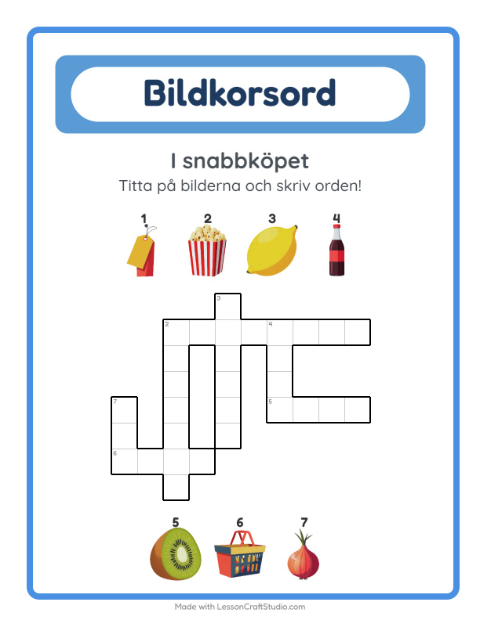 Förhandsvisning av Korsord-arbetsblad med I snabbköpet för Årskurs 2