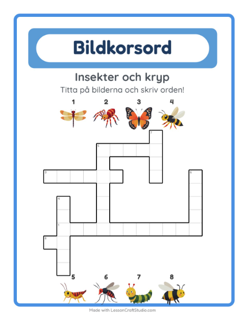 Förhandsvisning av Korsord-arbetsblad med Insekter och kryp för Årskurs 2