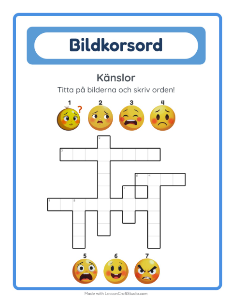 Förhandsvisning av Korsord-arbetsblad med Känslor för Årskurs 2