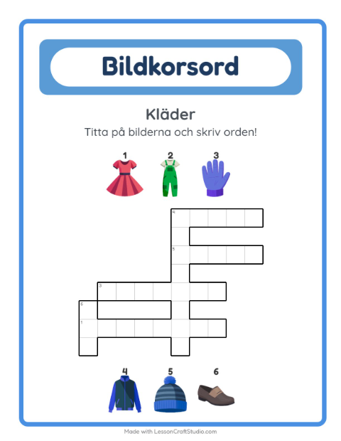 Förhandsvisning av Korsord-arbetsblad med Kläder för Årskurs 2