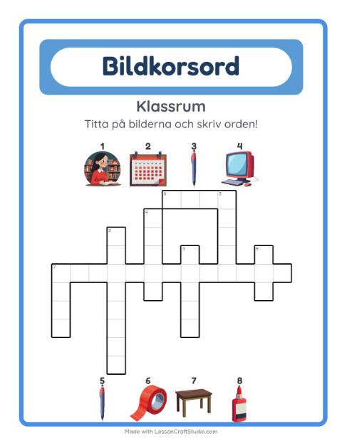 Förhandsvisning av Korsord-arbetsblad med Klassrum för Årskurs 2